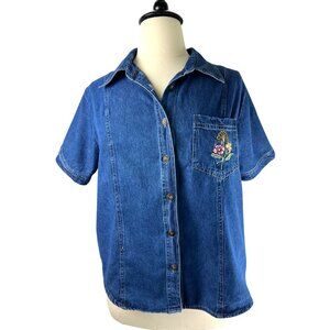 VTG 90's Cottage, Grandma Embroidered Flowers Denim Blouse, Women's PLUS 2X